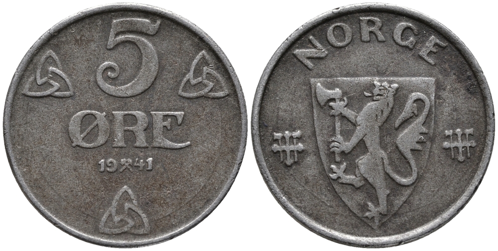 НОРВЕГИЯ 5 ЭРЕ 1941 ХОКОН VII (1905-1957) KM 388 железо 32-1025