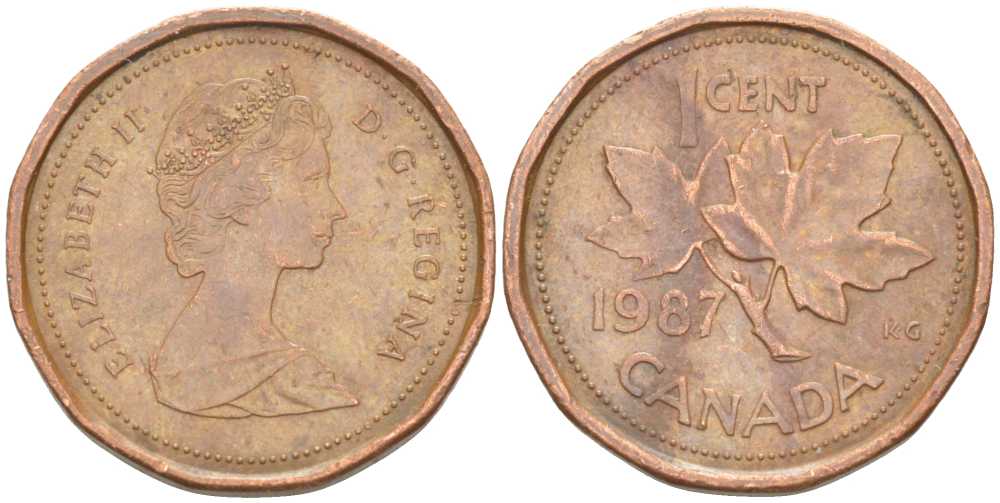 Канада 1 цент 1987 Елизавета II (1952-2022), кленовый лист KM 132 бронза 99-613