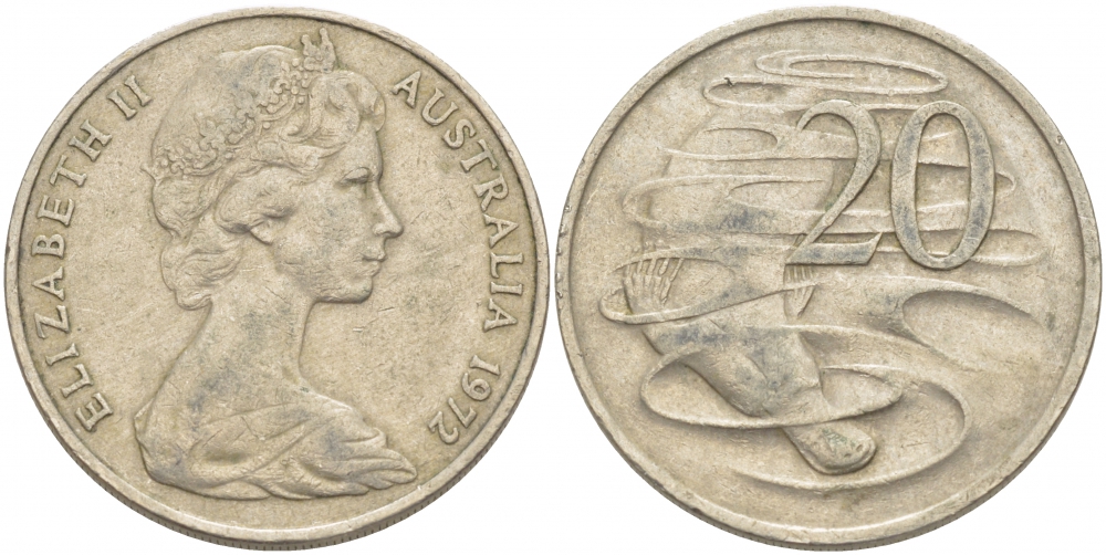 Австралия 20 центов 1972 Елизавета II (1952-2022), утконос KM 66 медно-никель 3457-212