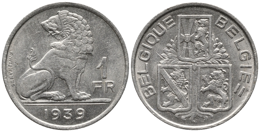 Бельгия 1 франк 1939 Леопольд III (1934-1950), Belgique-Belgie, лев KM 119 никель 34-1133