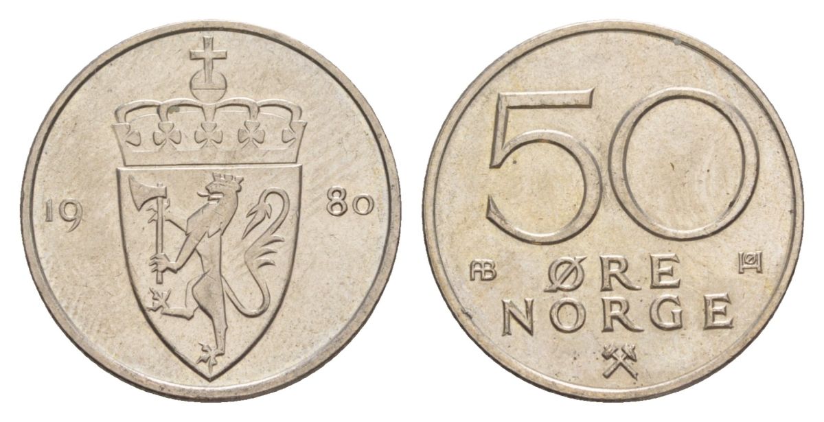 Норвегия 50 эре 1980 Улаф V (1957-1991) KM 418 медно-никель UNC 4635-453