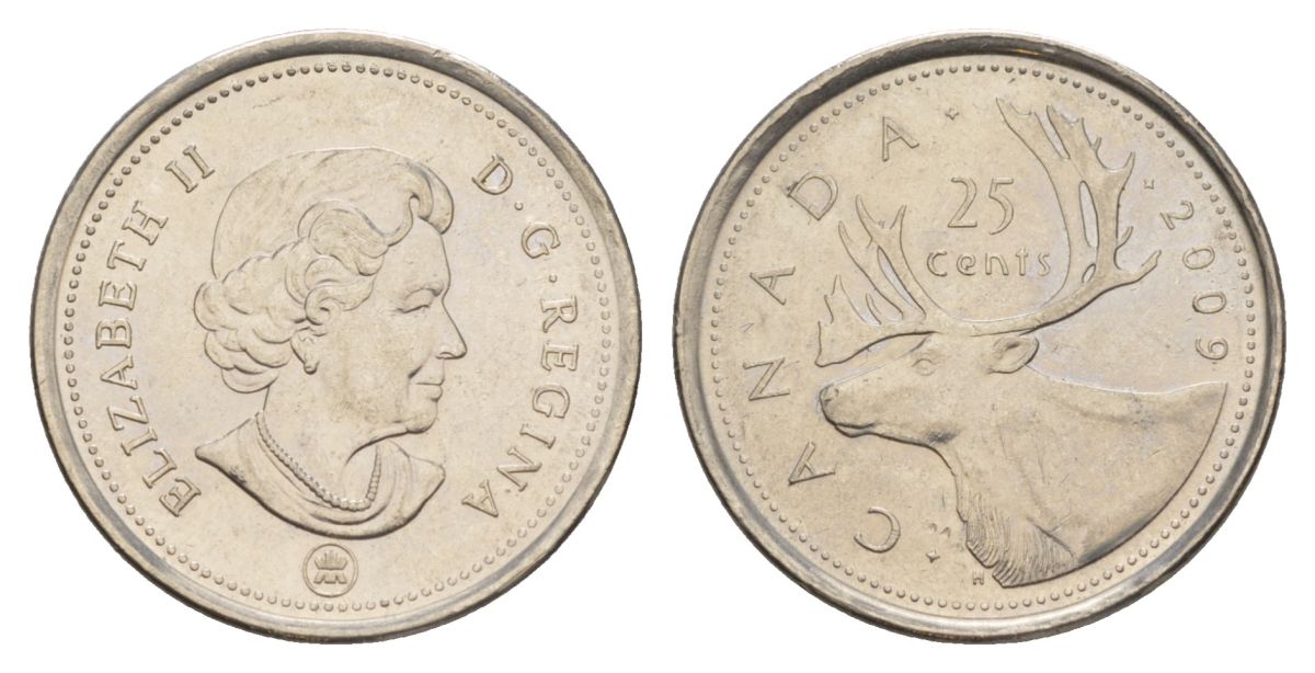 Канада 25 центов 2009 Leaf, Елизавета II (1952-2022), олень KM 2296 сталь плакированная никелем UNC 4631-726