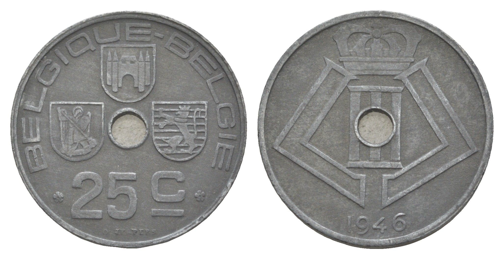 Бельгия 25 сантимов 1946 Belgique - Belgie, Леопольд III (1934-1951), германская оккупация, Вторая мировая война KM 131 цинк 4538-926