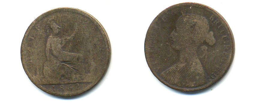Великобритания 1/2 пенни 1862 Виктория (1837-1901) KM 748.2, Spink 3956 бронза 83-441