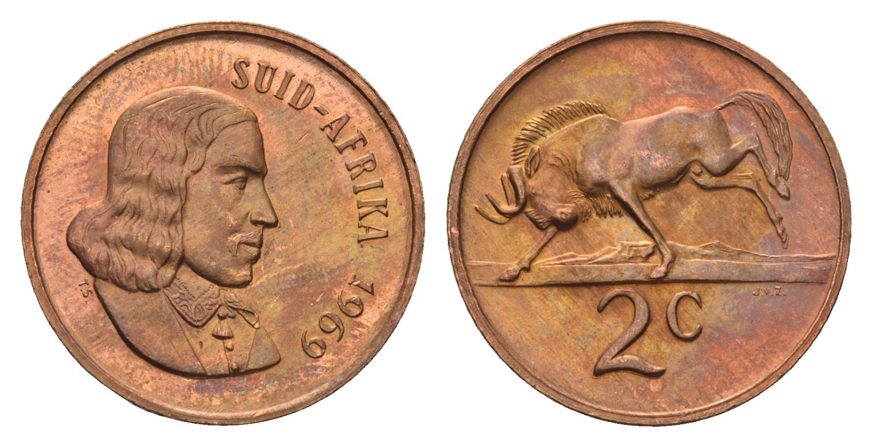 ЮАР 2 цента 1969 Ян ван Рибек (1619-1677), Suid Africa, легенда на африкаанс, антилопа гну KM 66.2 бронза UNC 4693-244
