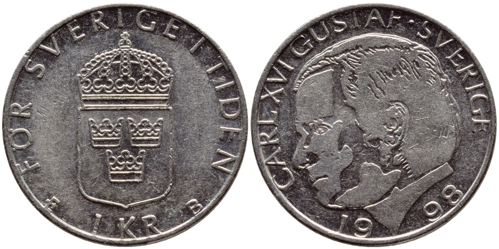 Швеция 1 крона 1998 Карл XVI Густав (1973- ) KM 852a медно-никель 4622-322