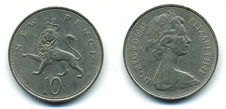 Великобритания 10 пенсов 1968 Елизавета II (1952-2022) KM 912, Spink 4231 (F1) медно-никель  4110-1131