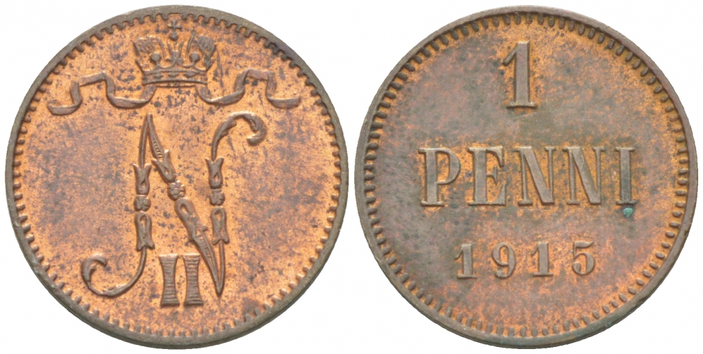 РОССИЯ ДЛЯ ФИНЛЯНДИИ 1 ПЕННИ 1915 НИКОЛАЙ II KM 13, Биткин 475 медь 261-1154