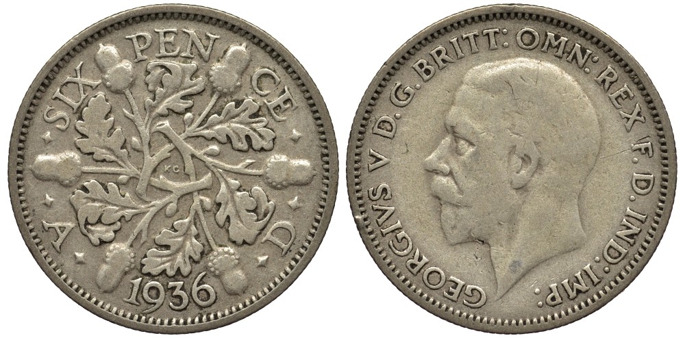Великобритания 6 пенсов 1936 Георг V (1910-1936) KM 832, Spink 4041 серебро 4538-413