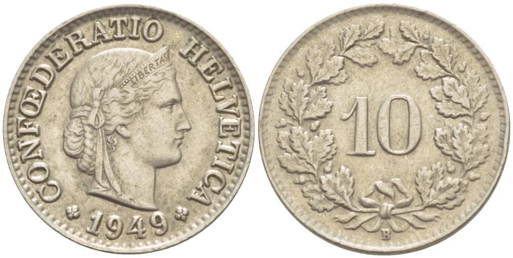ШВЕЙЦАРИЯ 10 РАППЕНОВ 1949 В KM 27 медно-никель 216-1242