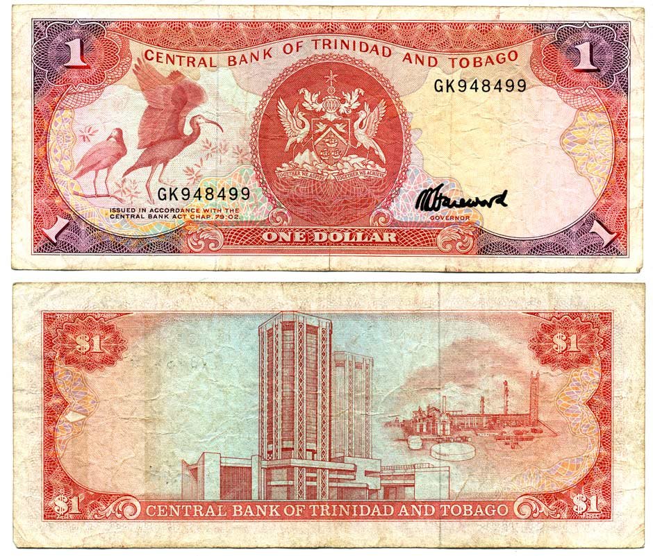 ТРИНИДАД И ТОБАГО 1 ДОЛЛАР 1985 ПОДПИСЬ 6 Pick 36c бумага 6318-6-1-2