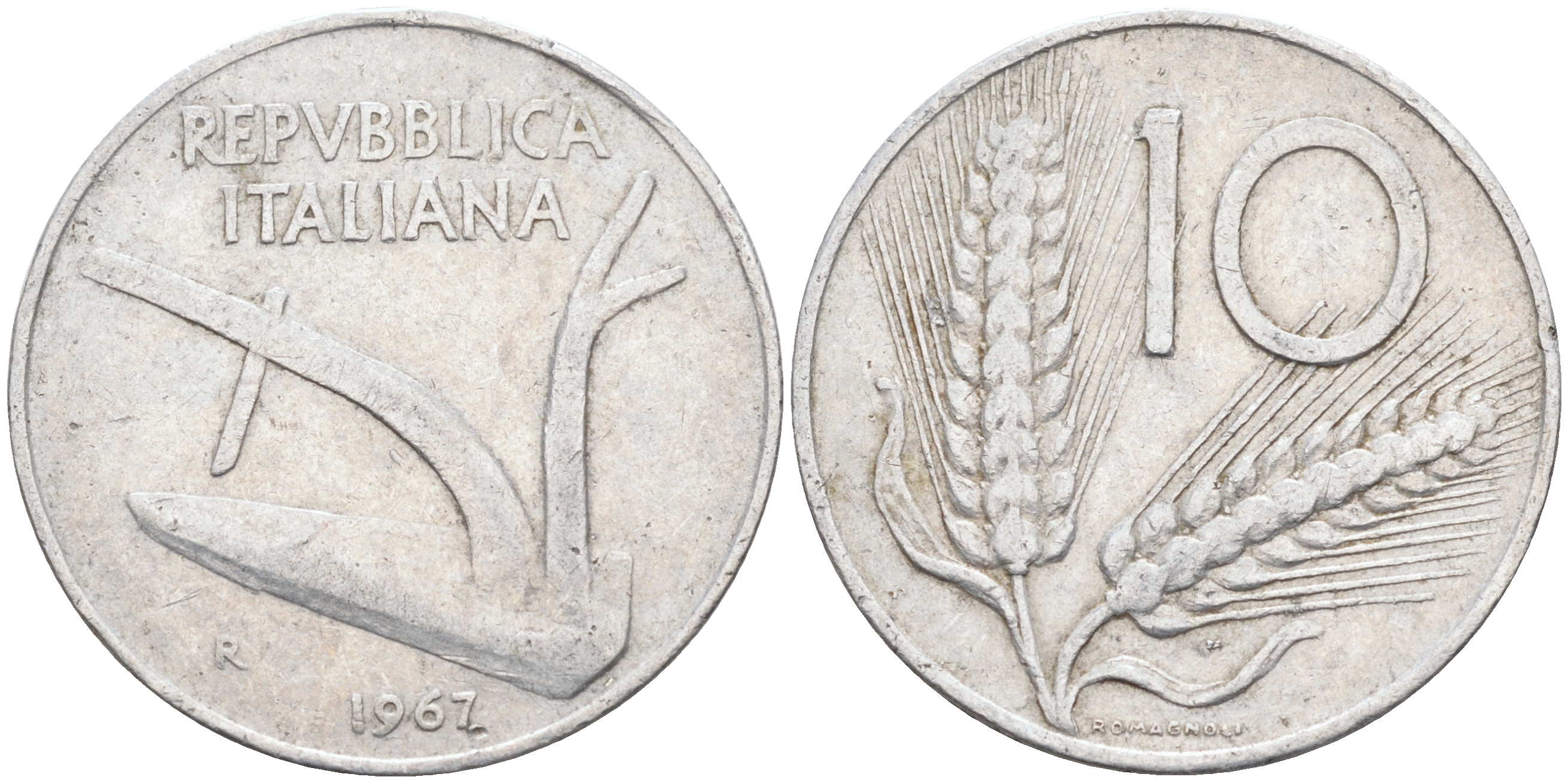 ИТАЛИЯ 10 ЛИР 1967 R, ПЛУГ KM 93 алюминий 4589-642