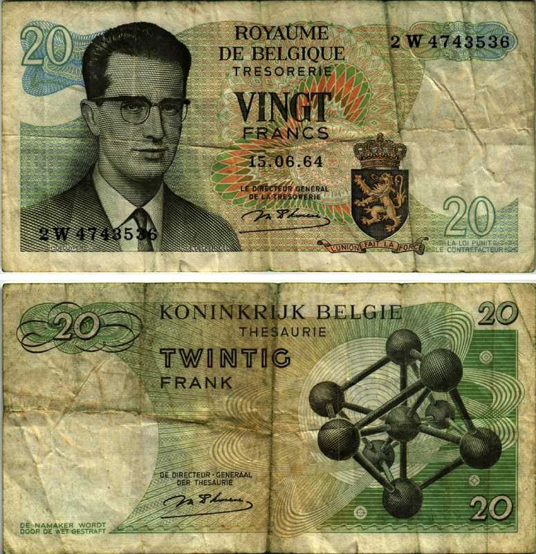 Бельгия 20 франков 1964 Бодуэн I, атомиум, d Haeze Pick 138 (1) бумага 8564-16-1