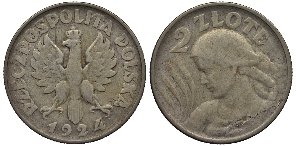 Польша 2 злотых 1924 монетный двор Филадельфия KM 16 серебро 00-817-30