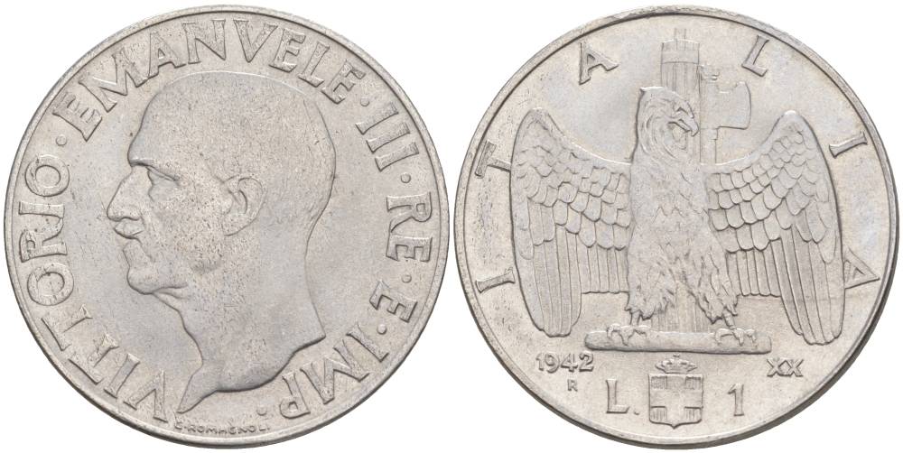 ИТАЛИЯ 1 ЛИРА 1942 R, ГОД XX, ВИКТОР ЭММАНУИЛ III (1900-1946) KM 77b, VEM3. 1102 нержавеющая сталь 3855-511