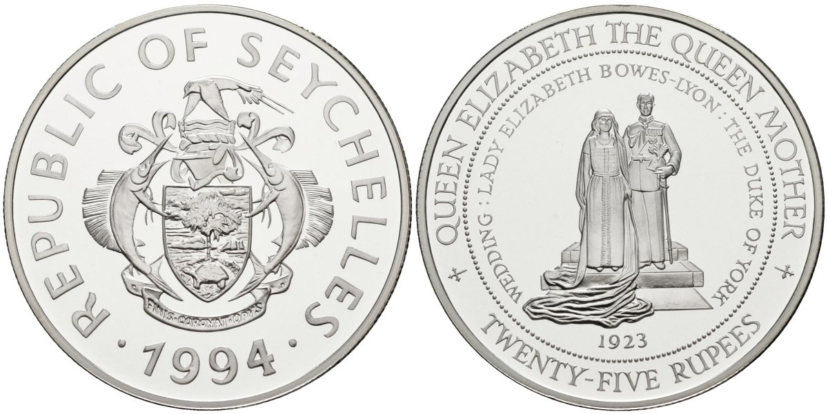 Сейшельские острова 25 рупий 1994 серия королева Елизавета - королева мать, свадьба в 1923 году с графом Йоркским KM 79 серебро PROOF 1095-10-51
