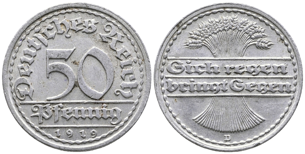 ГЕРМАНИЯ 50 ПФЕННИГОВ 1919 D KM 27, J. 301 алюминий 24-931