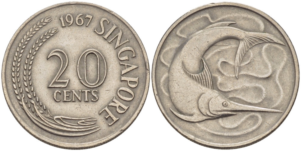 СИНГАПУР 20 ЦЕНТОВ 1967 ГОЛУБОЙ МАРЛИН, ТУНЕЦ KM 4 медно-никель 67-533