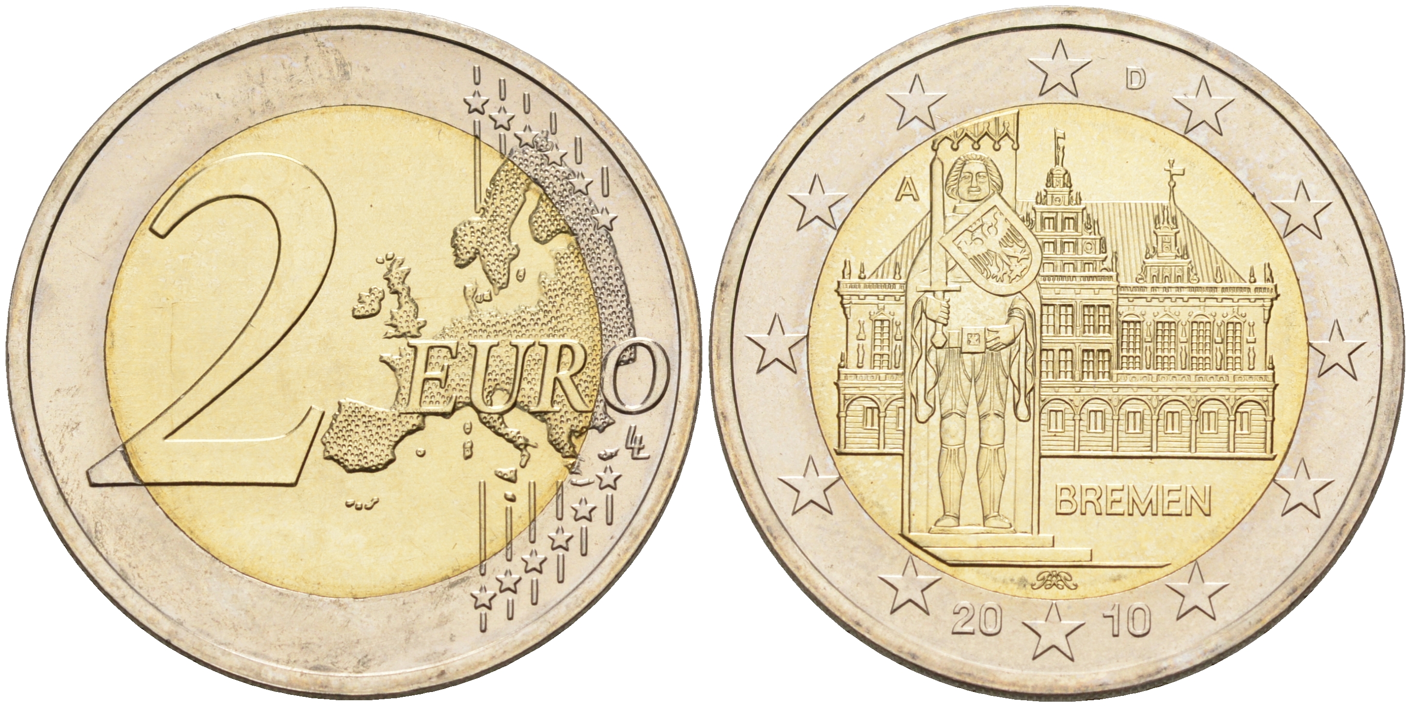 ФРГ 2 евро 2010 А, Бремен, городская ратуша и Роланд, серия Федеральные земли Германии KM 285 биметалл UNC 4592-1157