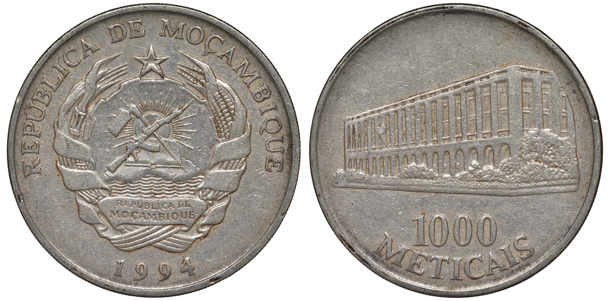 Мозамбик 1000 метикалей 1994 KM 122 никелированная сталь 4162-722