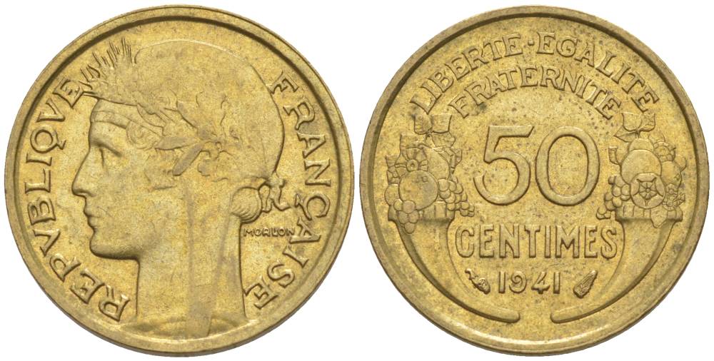 ФРАНЦИЯ 50 САНТИМОВ 1941 ТИП MORLON KM 894.1, LE FRANC 192.18 алюминиевая бронза 44-637