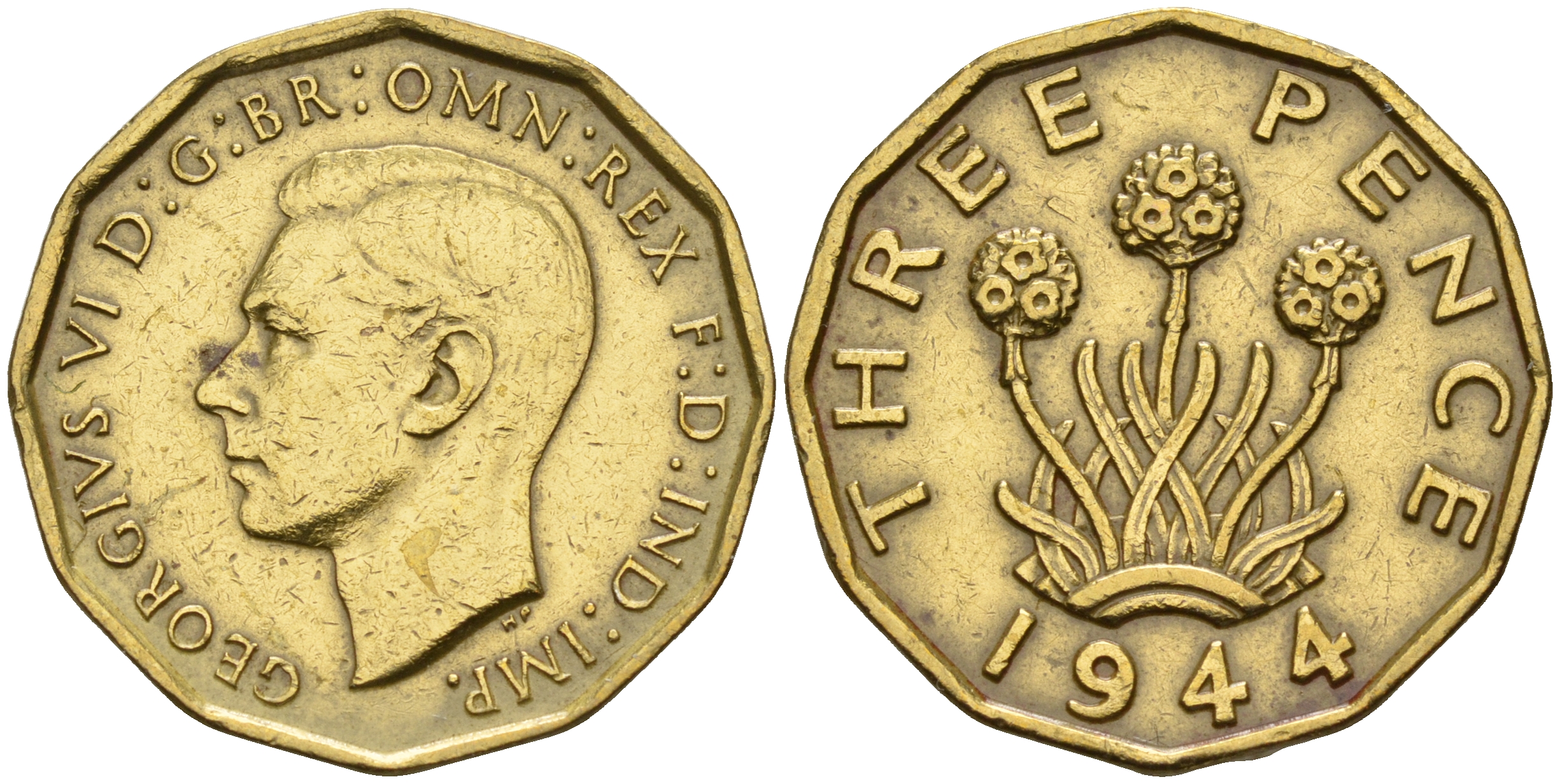 Великобритания 3 пенса 1944 Георг VI (1936-1952) KM 849, Spink 4112 никель латунь 4153-332