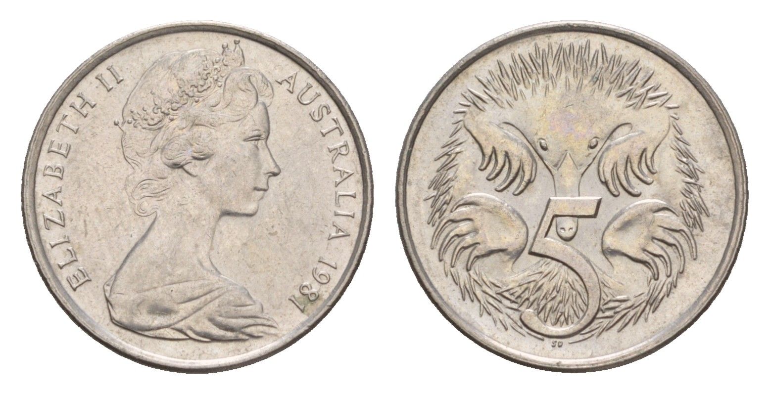 Австралия 5 центов 1981 Елизавета II (1952-2022) молодой портрет, ехидна KM 64 медно-никель UNC 4658-112