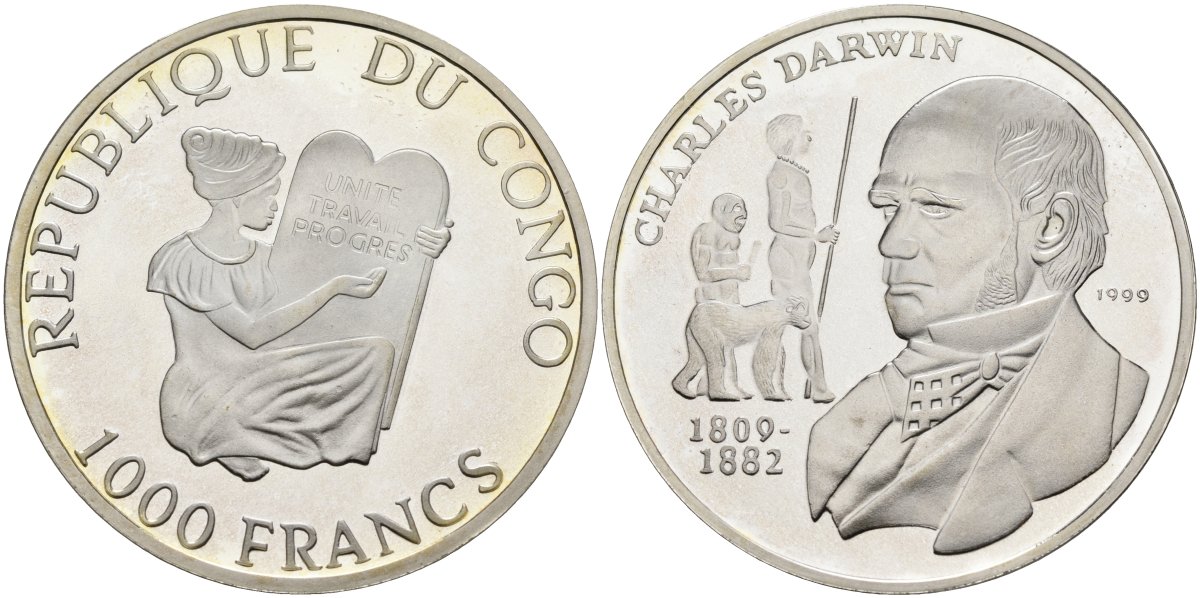 Конго 1000 франков 1999 Чарльз Дарвин KM 43 серебро PROOF 00-000-00