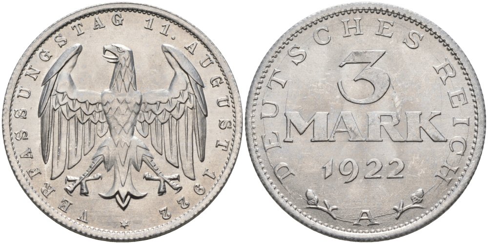 Германия 3 марки 1922 А, третья годовщина Веймарской Конституции KM 29, J.303 алюминий UNC 4574-743