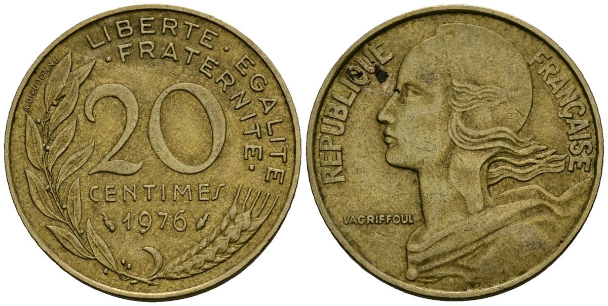 Франция 20 сантимов 1976 тип Marianne KM 930 медь алюминий никель 4135-614