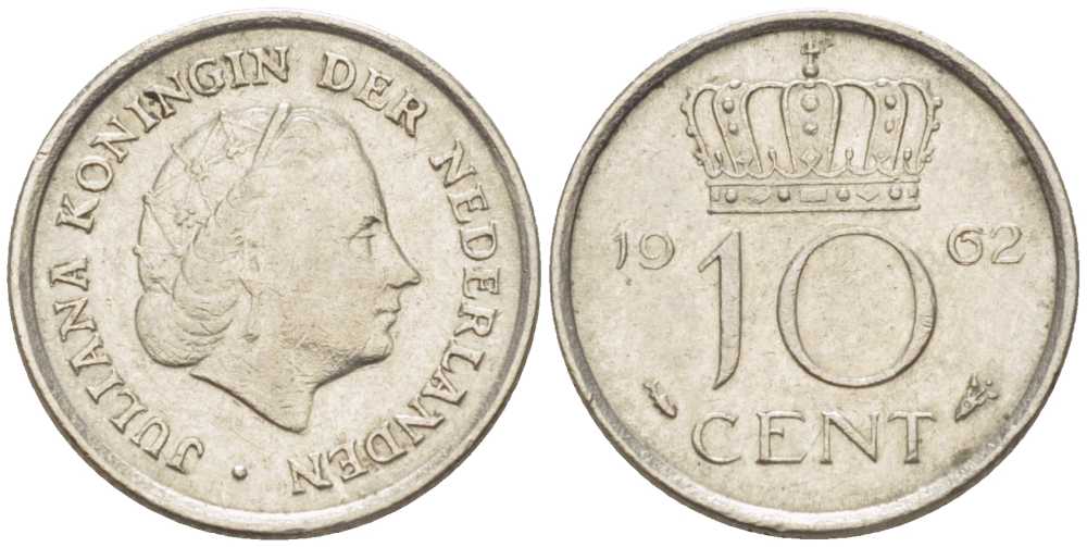 НИДЕРЛАНДЫ 10 ЦЕНТОВ 1962 ЮЛИАНА (1948-1980) KM 182 никель 214-1159