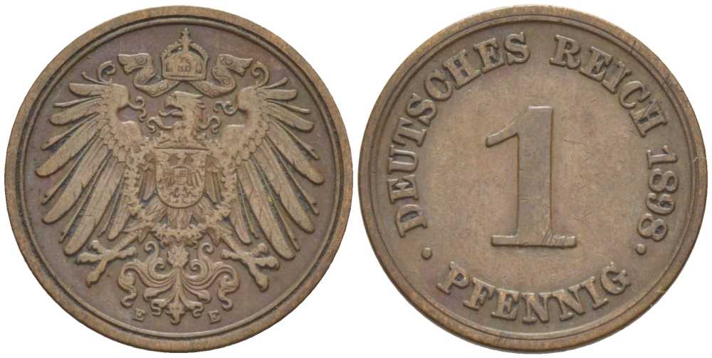 ГЕРМАНИЯ 1 ПФЕННИГ 1898 E KM 10, J. 10, Weege 2 медь 211-227