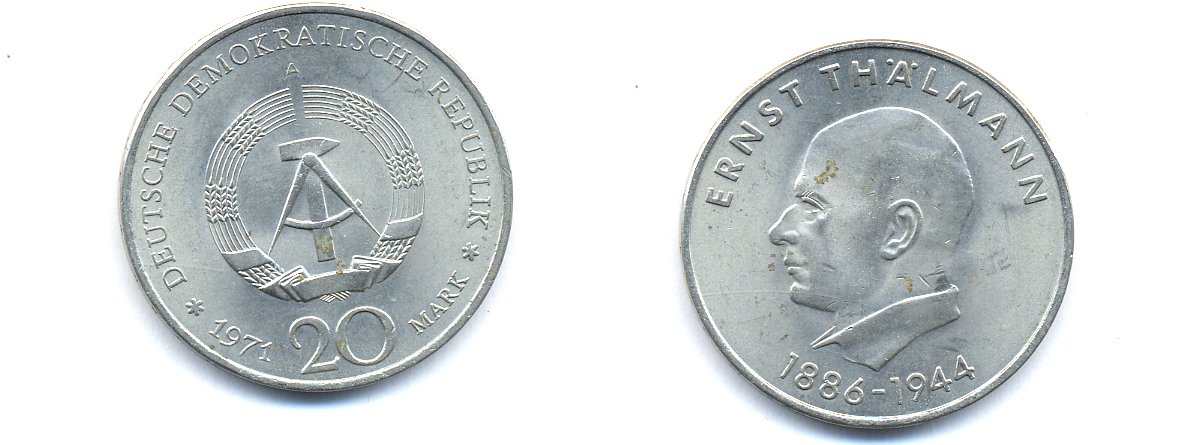 ГДР 20 марок 1971 A, 85 лет со дня рождения Эрнста Тельмана KM 34, J. 1535 медно-никель 3333-632