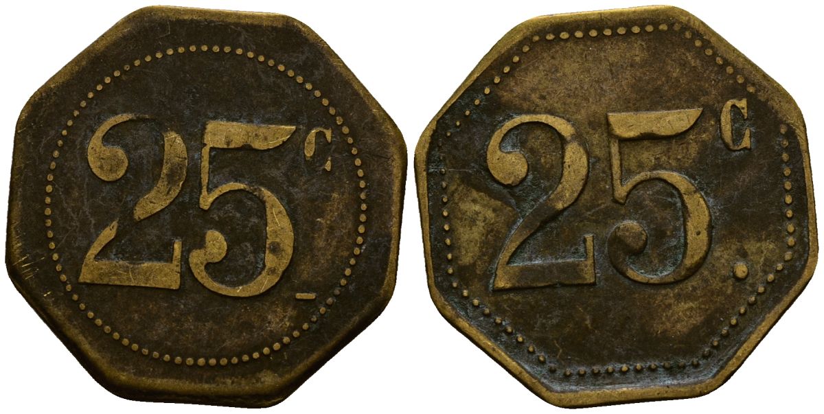 Франция 25 сантимов XIX-XX век ресторанный жетон латунь 4166-514