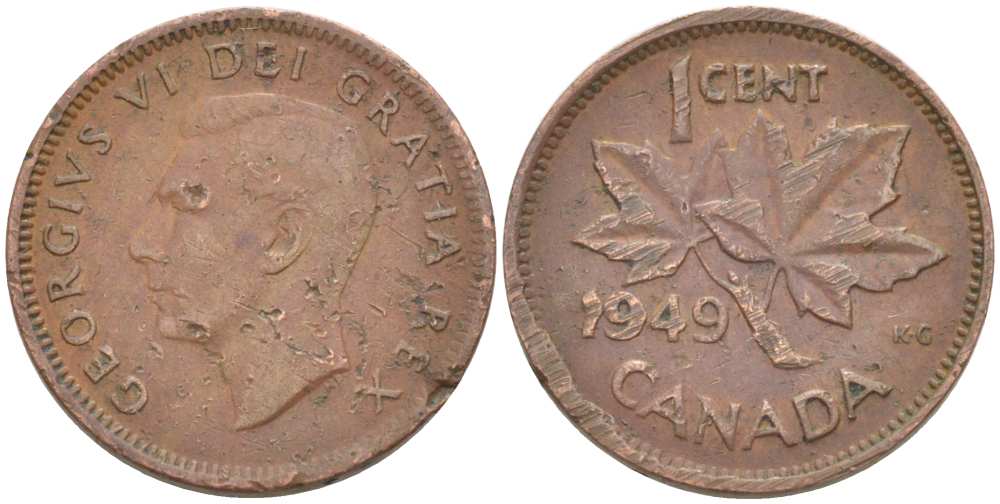 Канада 1 цент 1949 Георг VI (1937-1952), кленовый лист KM 41 бронза 218-828