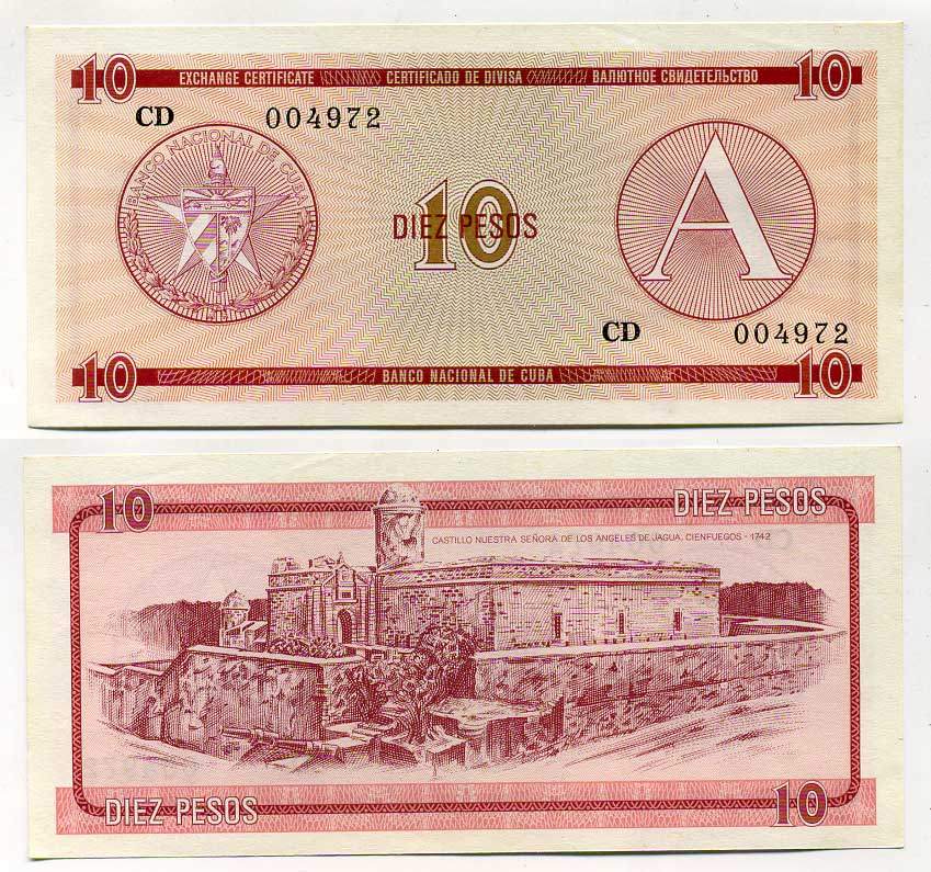 Куба, валютный сертификат 10 песо ND (1985) серия A, красная Pick FX 4 бумага аUNC 7217-74-2-2