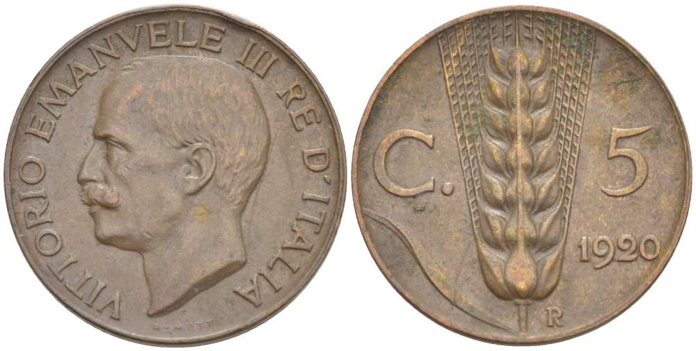ИТАЛИЯ 5 ЧЕНТЕЗИМО 1920 R, МОНДВОР РИМ, ВИКТОР ЭММАНУИЛ III (1900-1946) KM 59 медь 4525-132