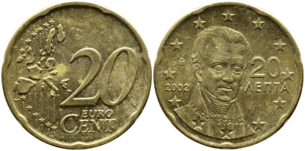 ГРЕЦИЯ 20 ЕВРОЦЕНТОВ 2002 KM 185 латунь 4390-1147