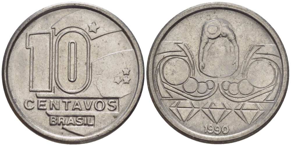 Бразилия 10 сентаво 1989 золотодобыча KM 613 нержавеющая сталь 116-1257