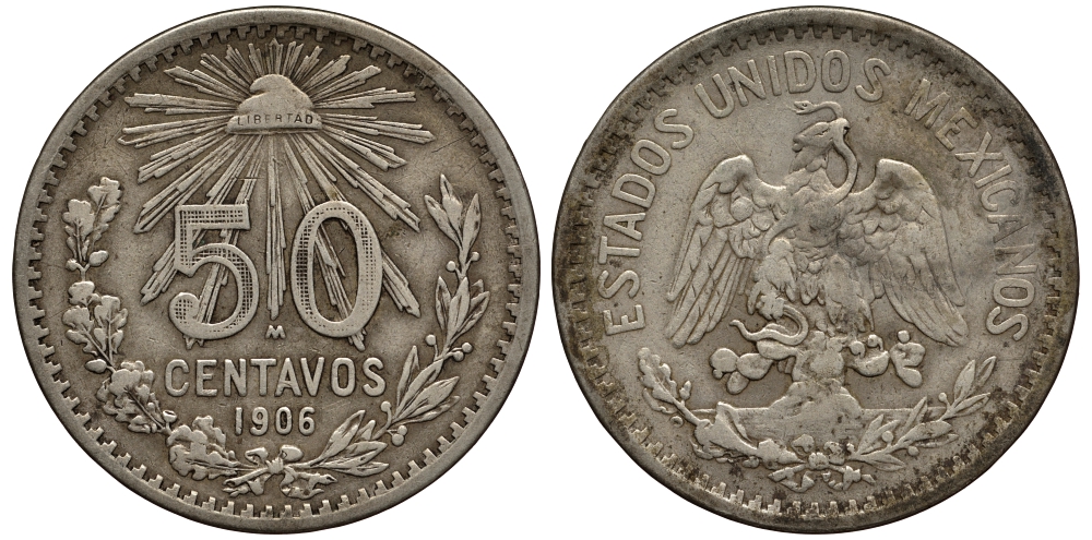 Мексика 50 сентаво 1906 KM 445 серебро  1518-114