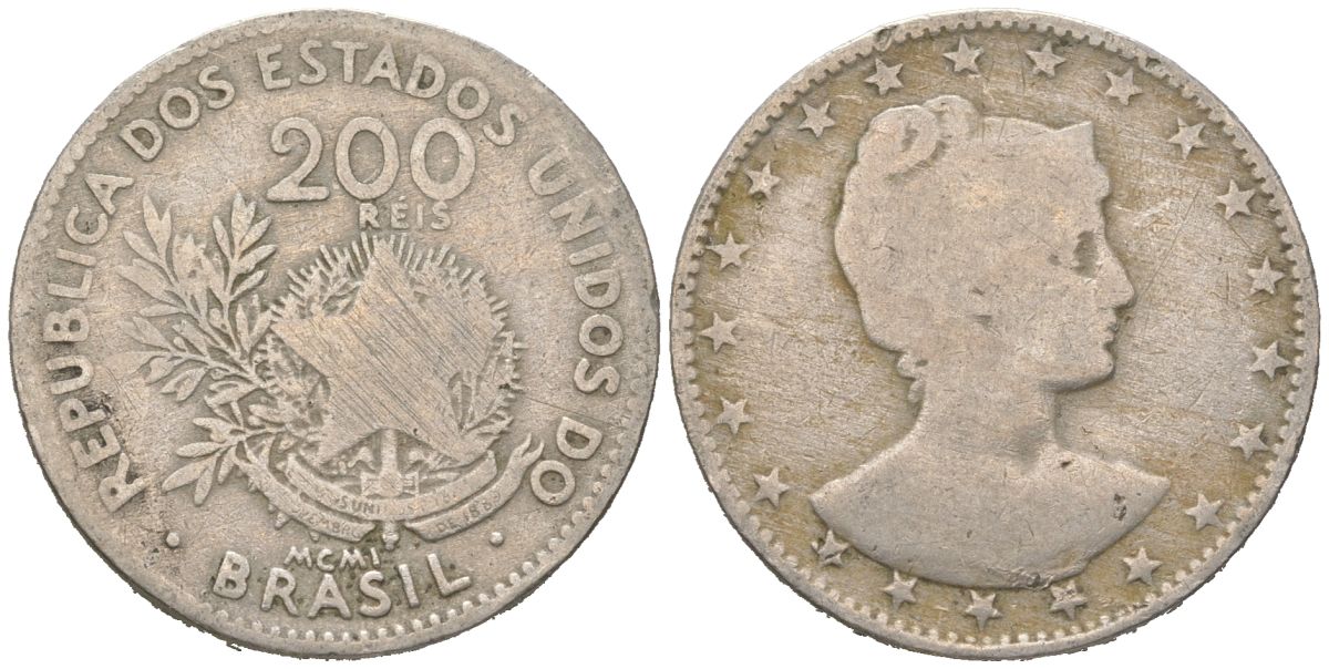 Бразилия 200 реалов 1901 MCMI, голова свободы вправо KM 504 медно-никель 4612-235