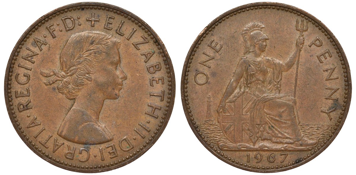 Великобритания 1 пенни 1967 Елизавета II (1952-2022) KM 897, Spink 4157 бронза 4131-232