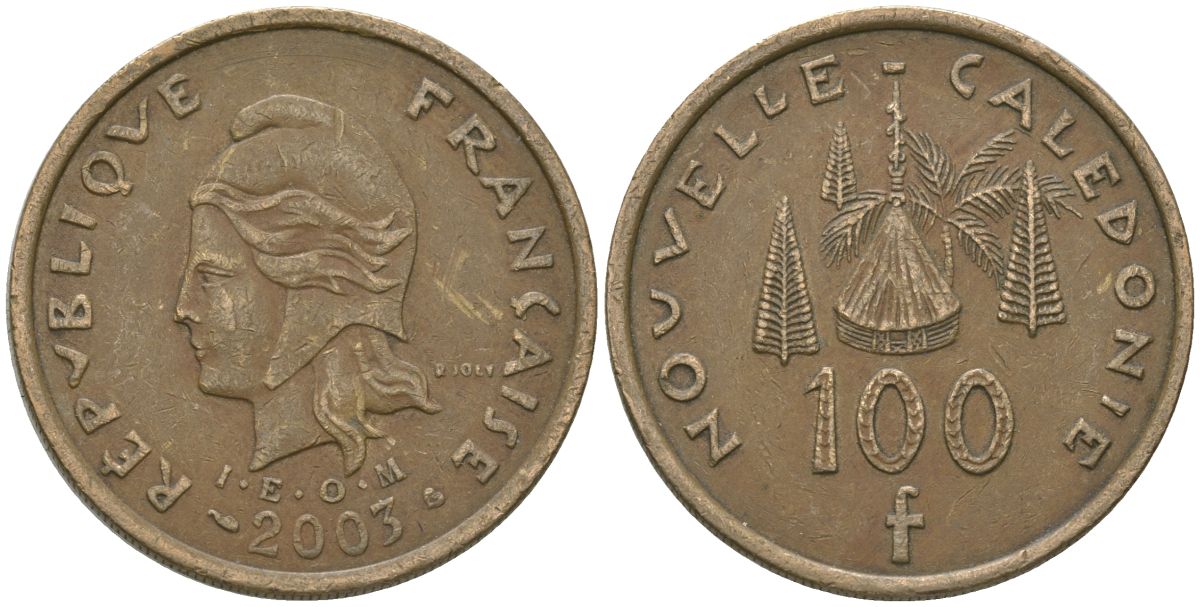 Французская Новая Каледония 100 франков 2002 хижина среди сосен и пальм, (IEOM) KM 15, Schoen 16, Lec 139f никель бронза 109-931