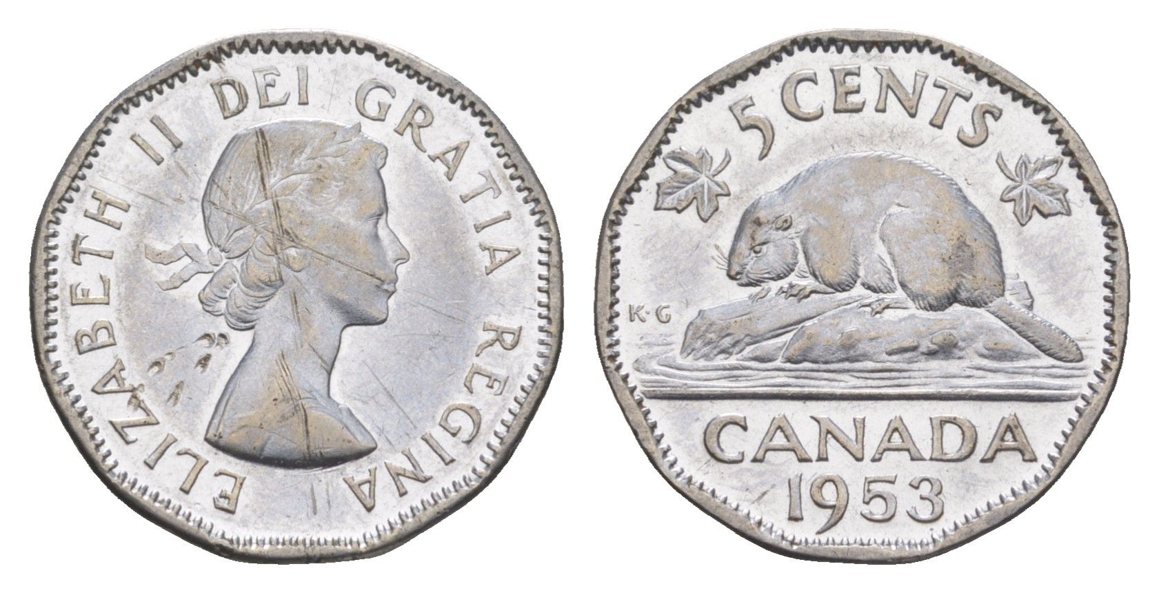 Канада 5 центов 1953 Елизавета II (1952-2022) KM 50 хромированная сталь aUNC 4651-339