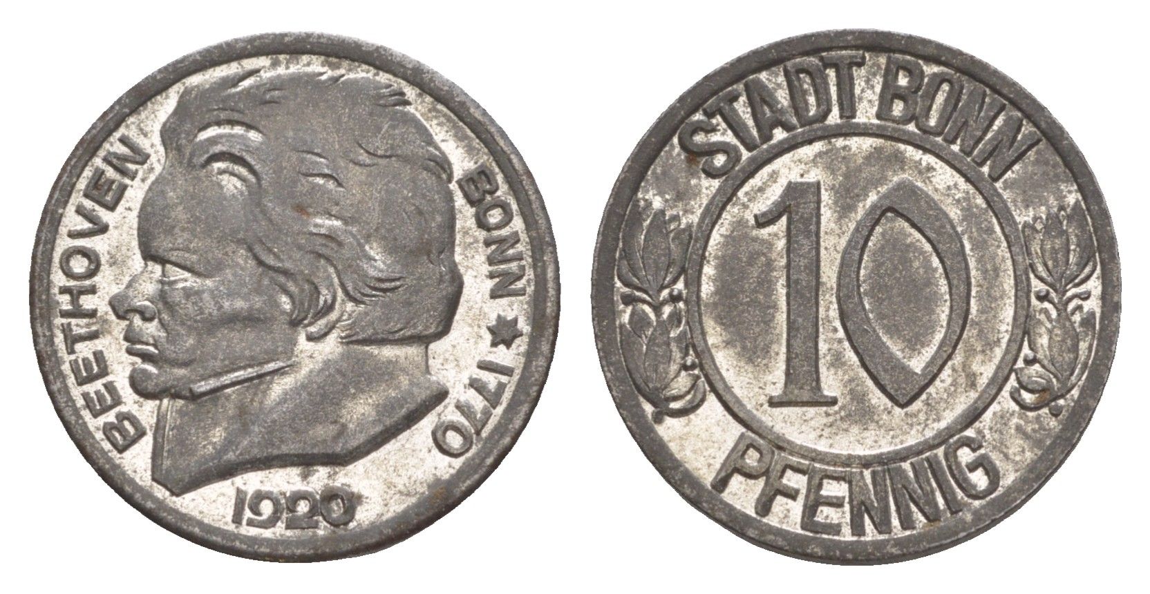 Бонн 10 пфеннигов 1920 Бетховен Funck 51.1A, Men05 3220.1, Men18 4134.1 железо UNC 4643-1037