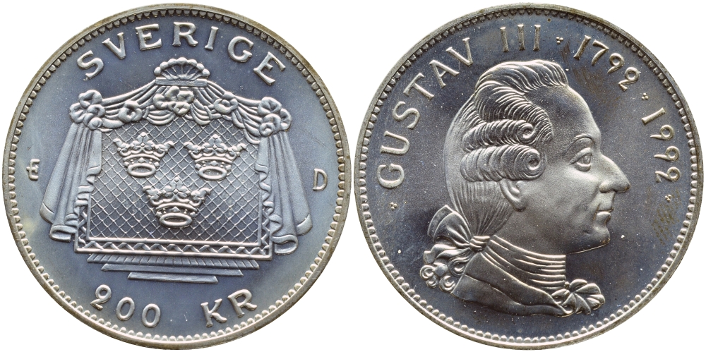 Швеция 200 крон 1992 Карл XVI Густав (1973- ), 200 лет со дня смерти Густава III KM 879 серебро BUNC 1072-5-44