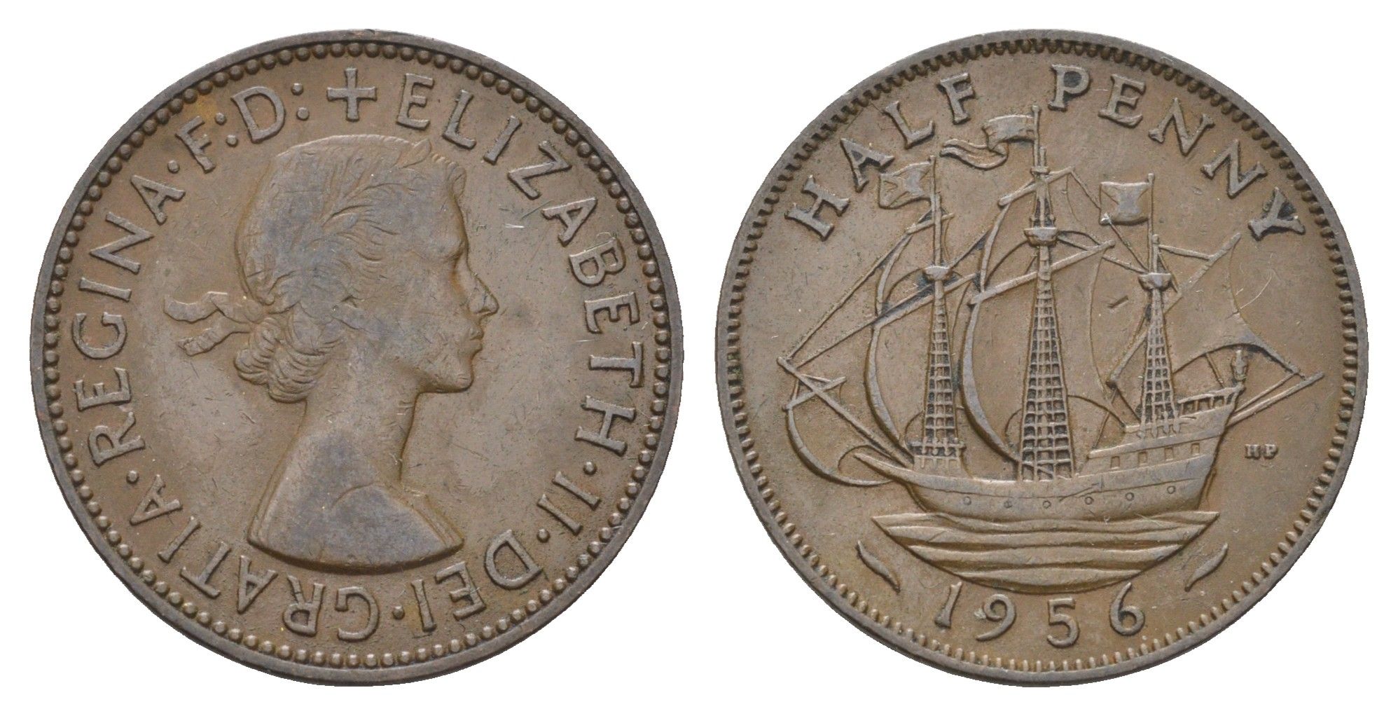 Великобритания 1/2 пенни 1956 Елизавета II (1952-2022) KM 896, Spink 4158 бронза    4660-635