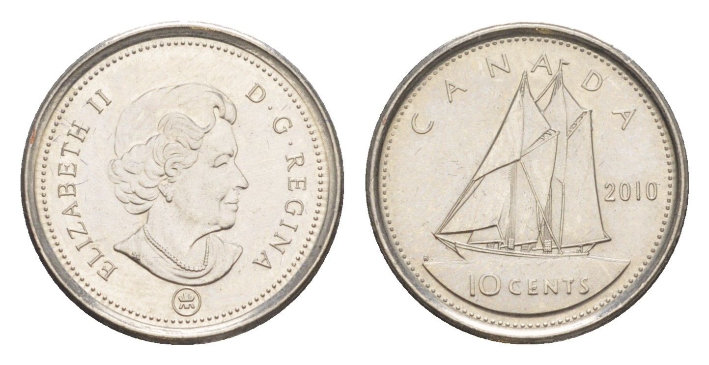 Канада 10 центов 2010 Leaf, Елизавета II (1952-2022), парусник KM 492 сталь плакированная никелем aUNC 4647-1025