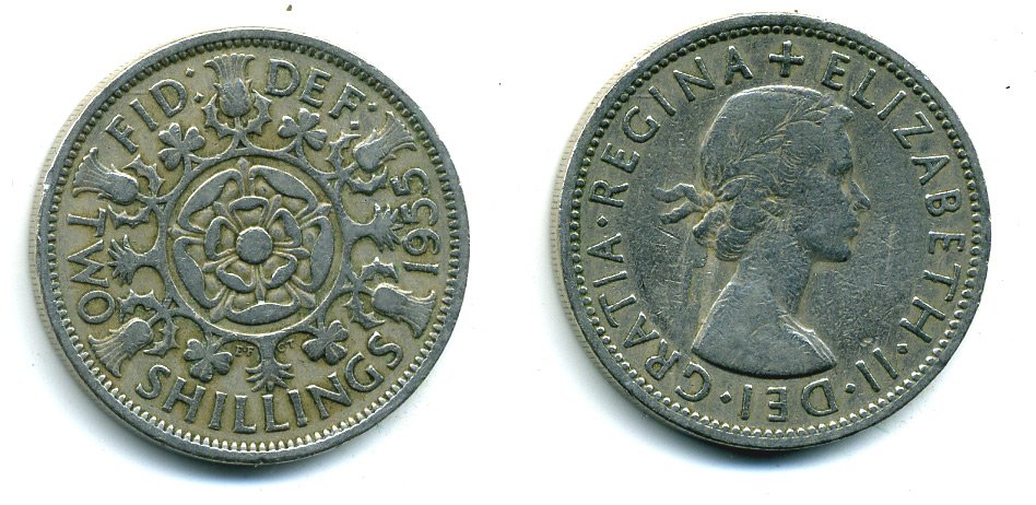 Великобритания 2 шиллинга (флорин) 1955 Елизавета II (1952-2022) KM 906, Spink 4146 медно-никель 540-533