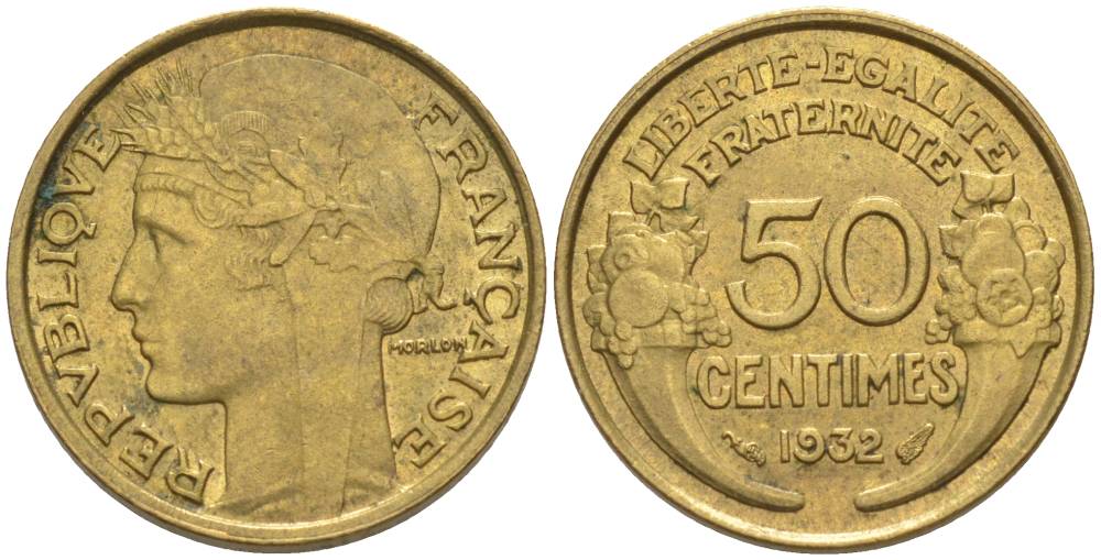 ФРАНЦИЯ 50 САНТИМОВ 1932 ТИП MORLON, OPEN 9, С ЯГОДОЙ KM 894.1, LE FRANC 192.7 алюминиевая бронза 44-727